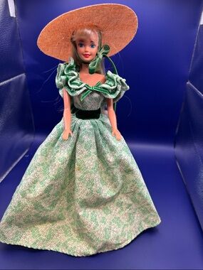 Vintage Barbie/Vintage Green Floral Handmade Gown with Straw Hat